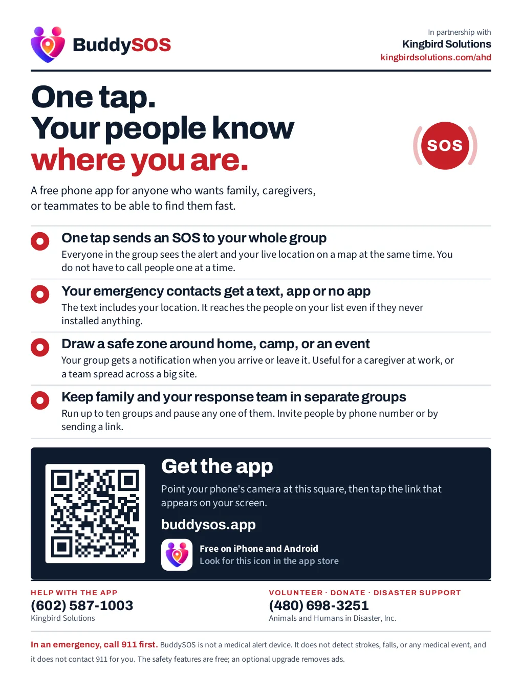 BuddySOS wall flyer made with Animals and Humans in Disaster: one-tap SOS, a large QR code, and help line numbers