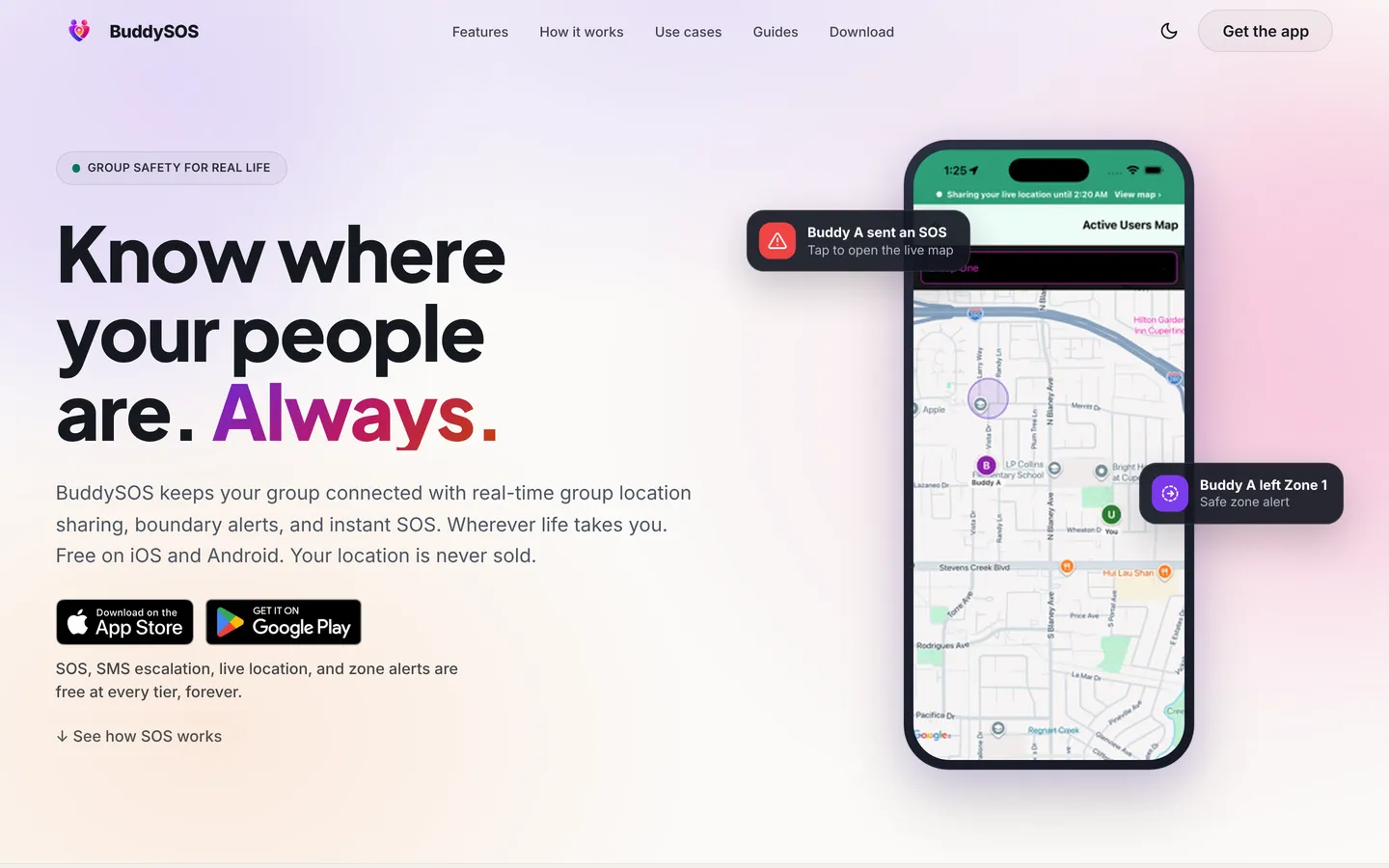 BuddySOS website showing the app's live group map with SOS and safe zone alerts