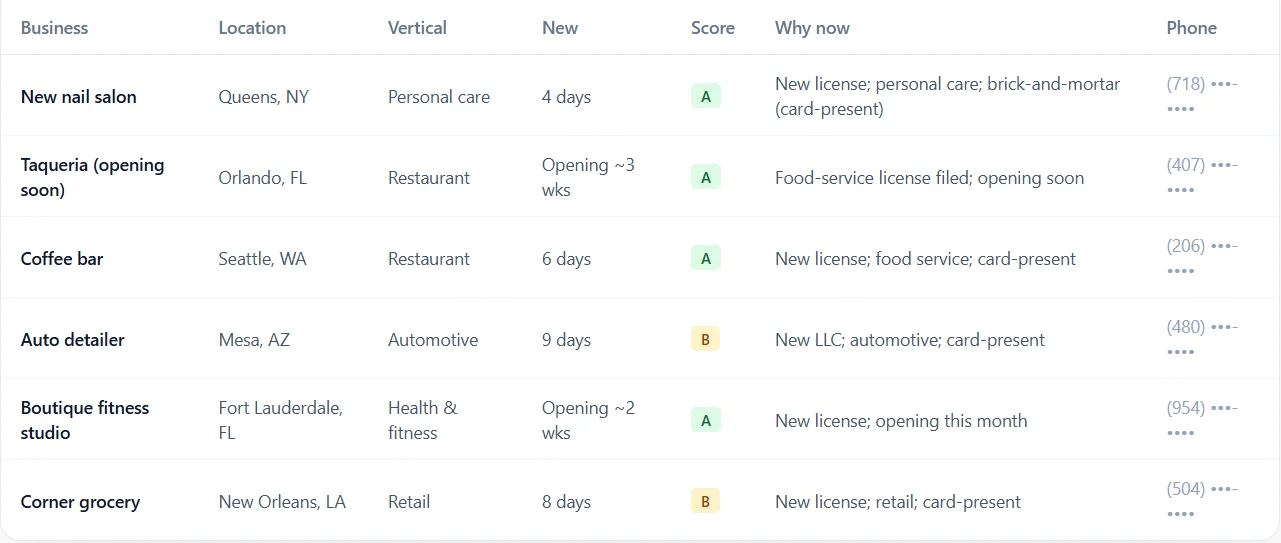 Merchant Signal lead list showing new businesses with location, vertical, score, why-now and masked phone numbers